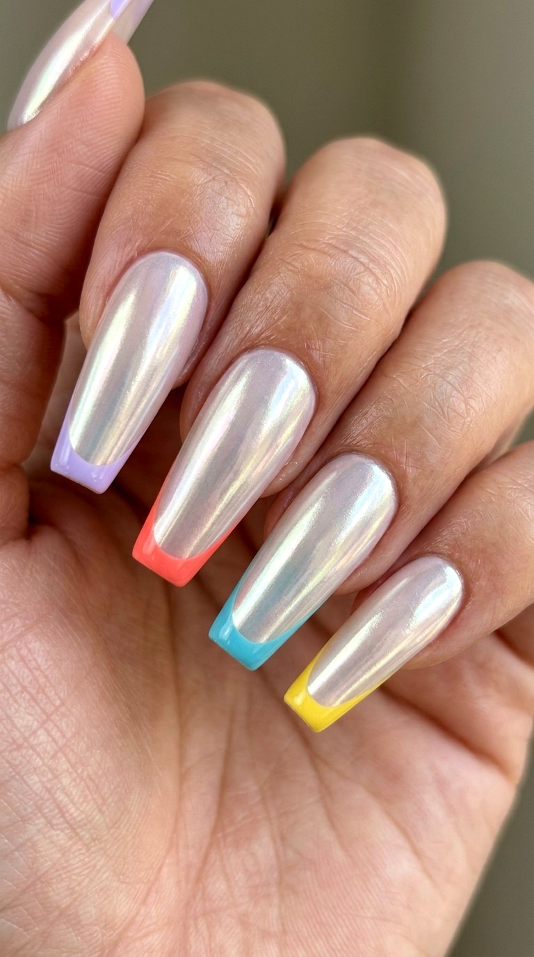 Glazed Donut Chrome With Colorful Tips - 26 Early Spring Multicolor Acrylic Nails
