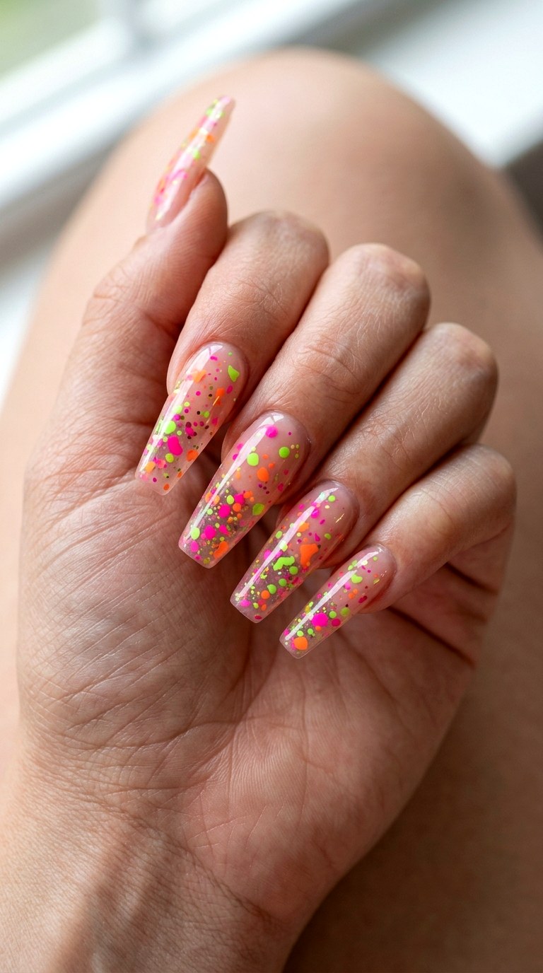 Glazed Neon Confetti Speckled Nails - 20 Sunny Spring Multicolor Acrylic Nails