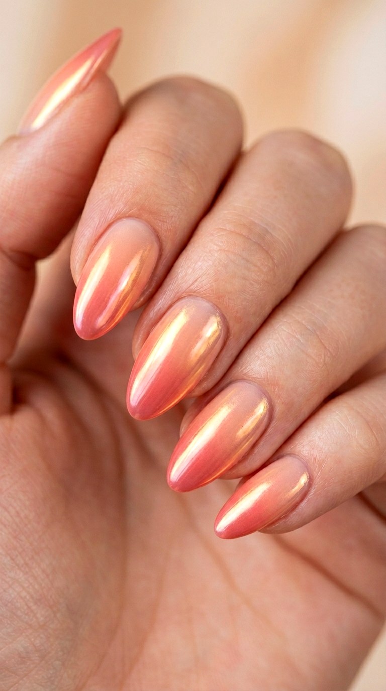 Glazed Peach Sunset Almond Nails - 25 Sunset Spring Ombre Nails