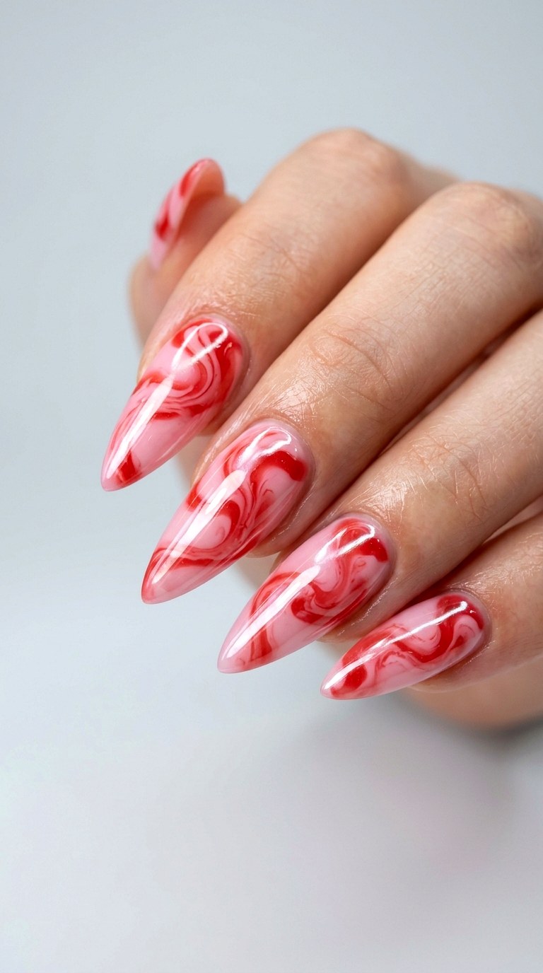 Glazed Strawberry Swirl - 21 Chrome Spring Stiletto Nails