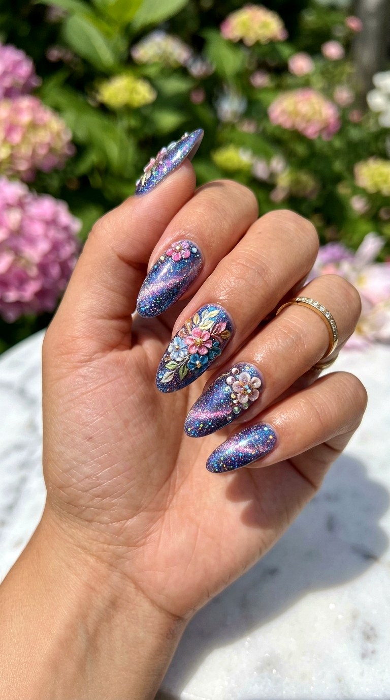 Glitter Cat Eye Nails with Floral Overlay - 25 Summer Floral Cat Eye Nails Ideas
