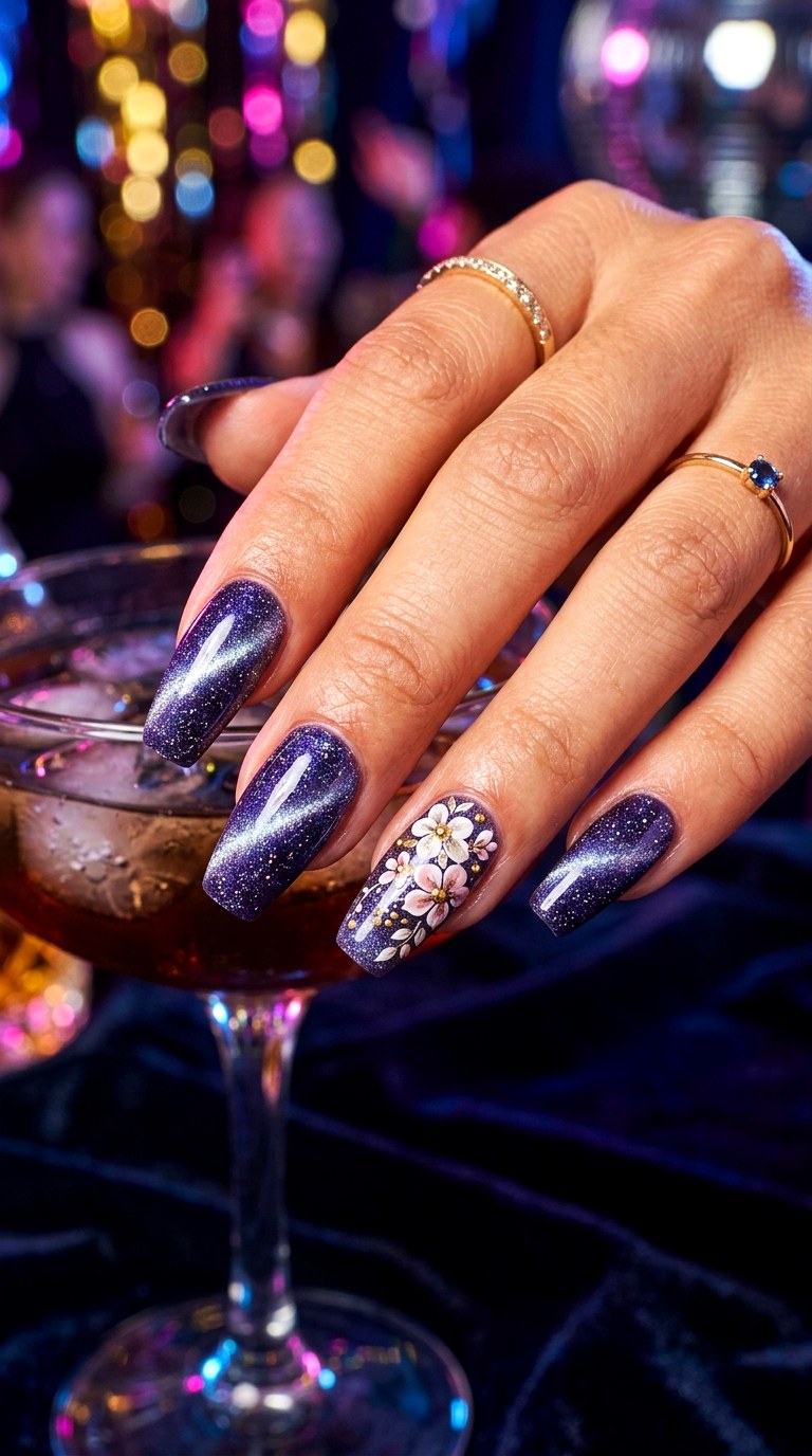 Glitter Floral Cat Eye Nails - 20 Spring Floral Cat Eye Nails Ideas