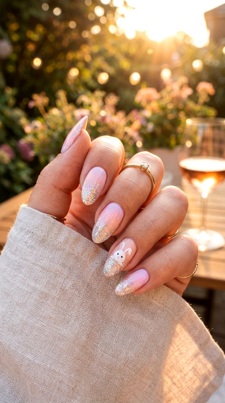 Glitter Gradient Bunny Nails - 26 Summer Pastel Bunny Cartoon Nail Ideas