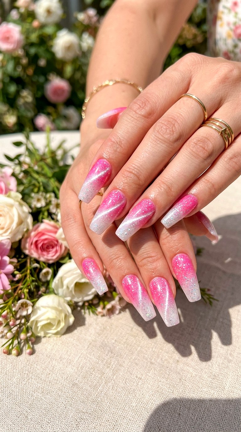 Glitter Infused Pink Ombre Cat Eye - 21 Summer Pink and White Gradient Cat Eye Nails Ideas