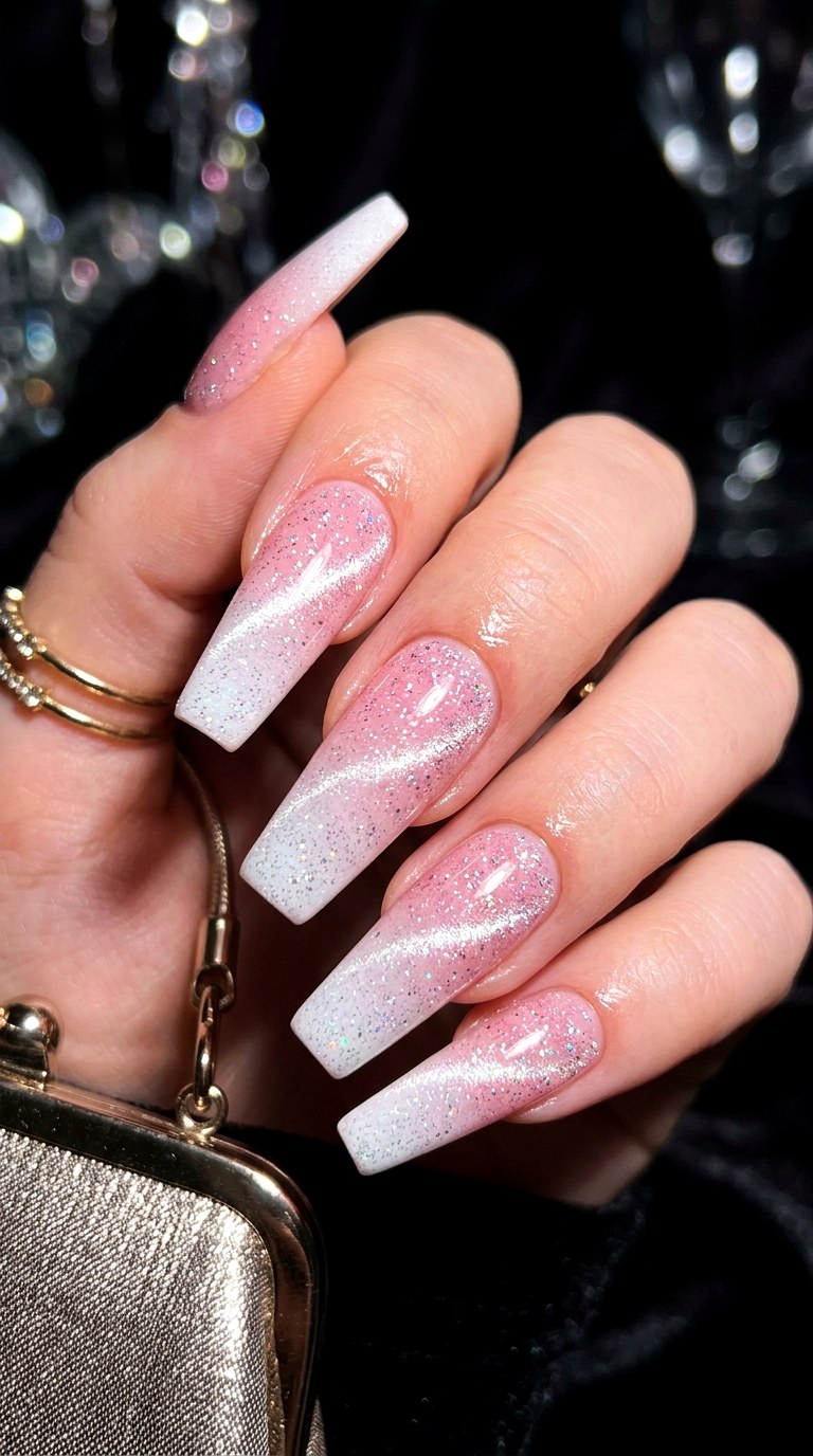 Glitter Infused Pink White Cat Eye Nails - 20 Spring Pink and White Gradient Cat Eye Nails Ideas