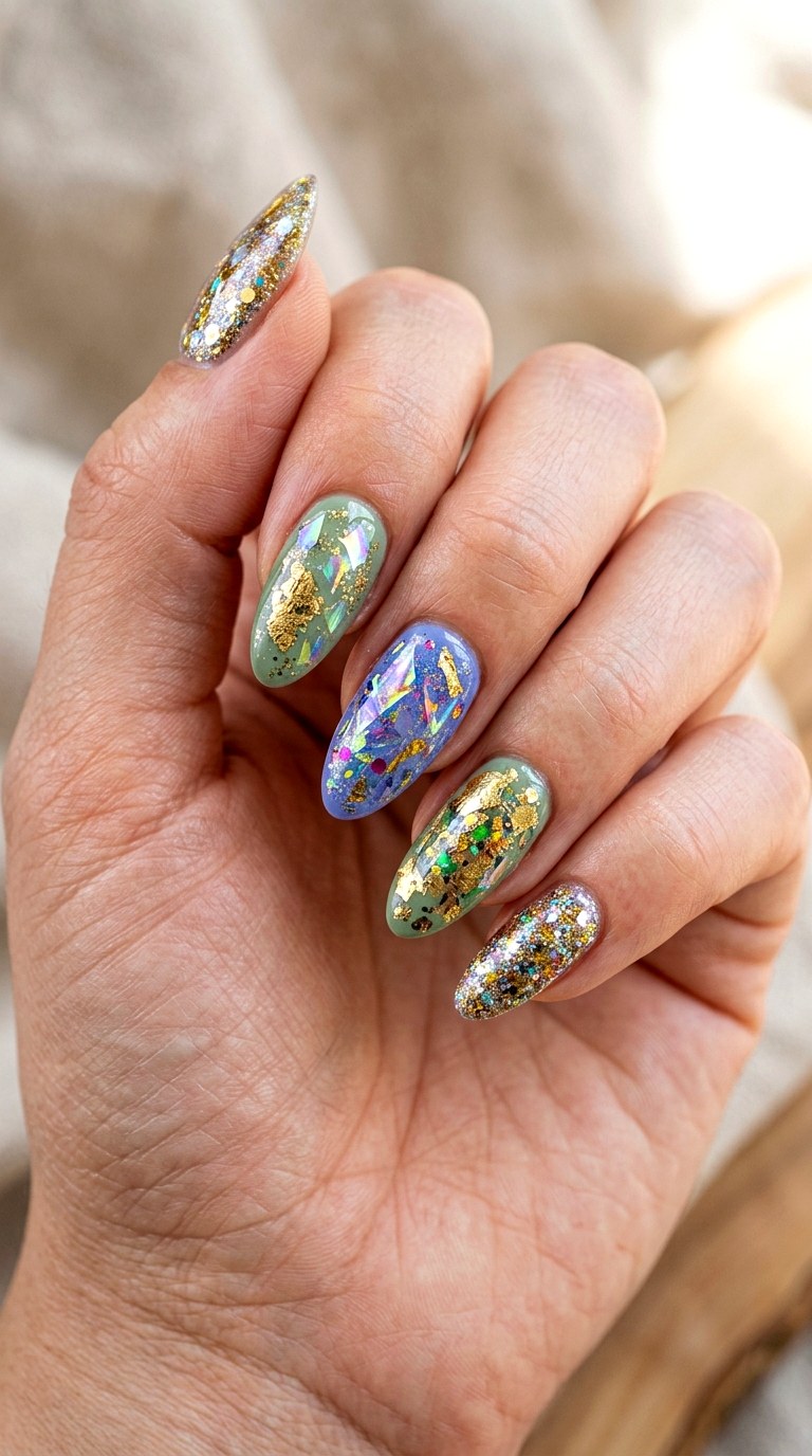 Glitter Scrap Collage Finish - 24 Eclectic Spring Colorful Junk Nails