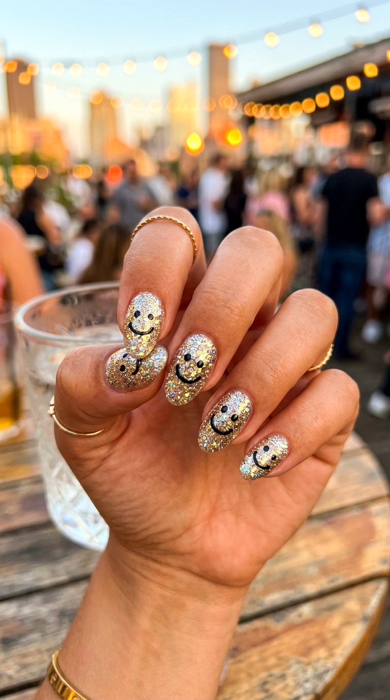 Glitter Smiley Nails - 20 Summer Smiley Face Cartoon Nails Ideas