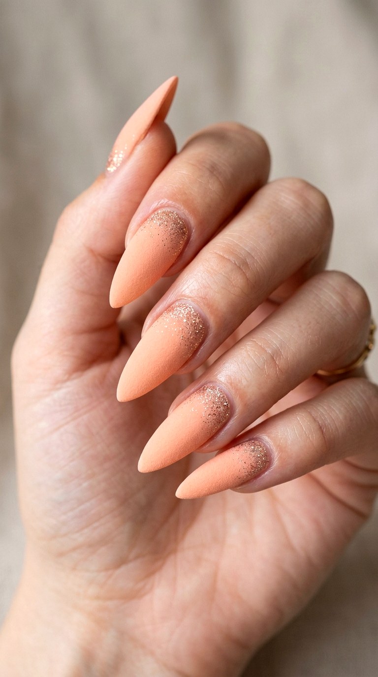 Glittering Peach Fuzz Velvet - 27 Fierce Spring Stiletto Nails