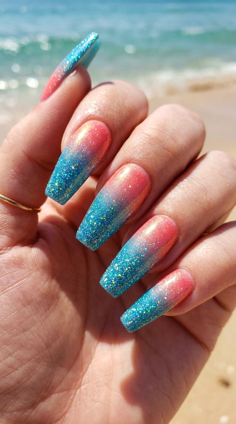 Glittering Turquoise and Coral Melt - 25 Sunset Spring Ombre Nails