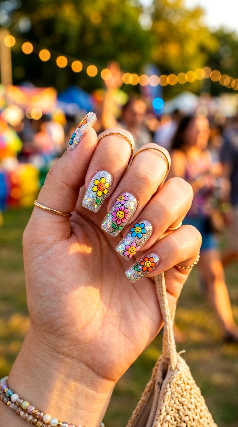 Glittery Happy Flower Nails - 20 Summer Happy Flower Cartoon Nails Ideas