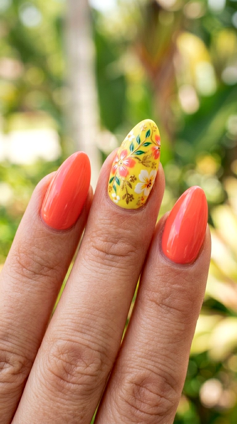 Glossy Coral and Lemon Blossom Pop - 30 Brunch Spring Two Colored Nails