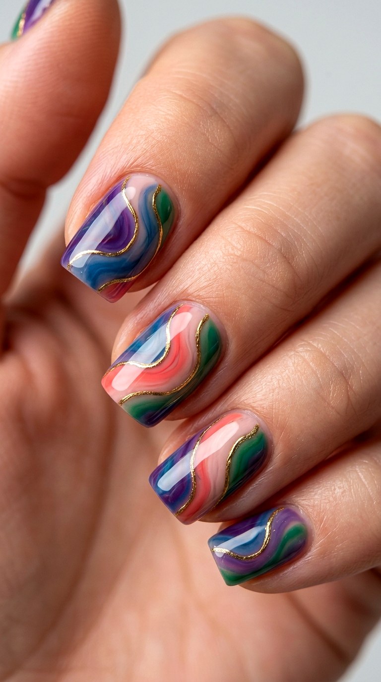 Glossy Gold Lined Color Swirls - 29 Artsy Spring Colorful Junk Nails