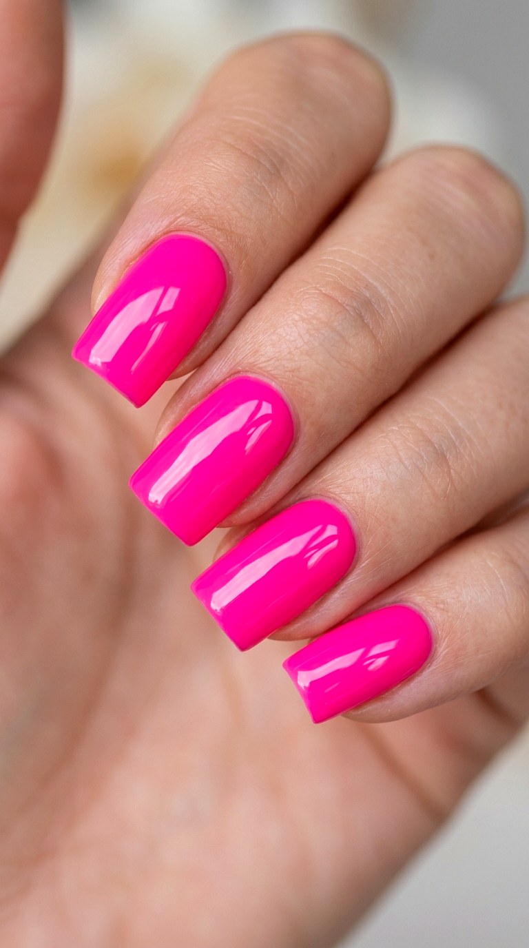 Glossy Hot Pink Square Perfection - 22 Pink Spring Acrylic Nails