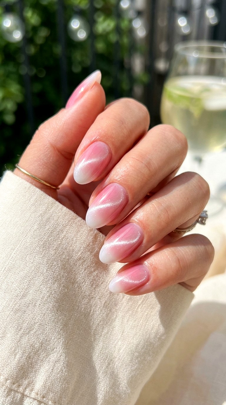 Glossy Jelly Pink Gradient Cat Eye Nails - 21 Summer Pink and White Gradient Cat Eye Nails Ideas