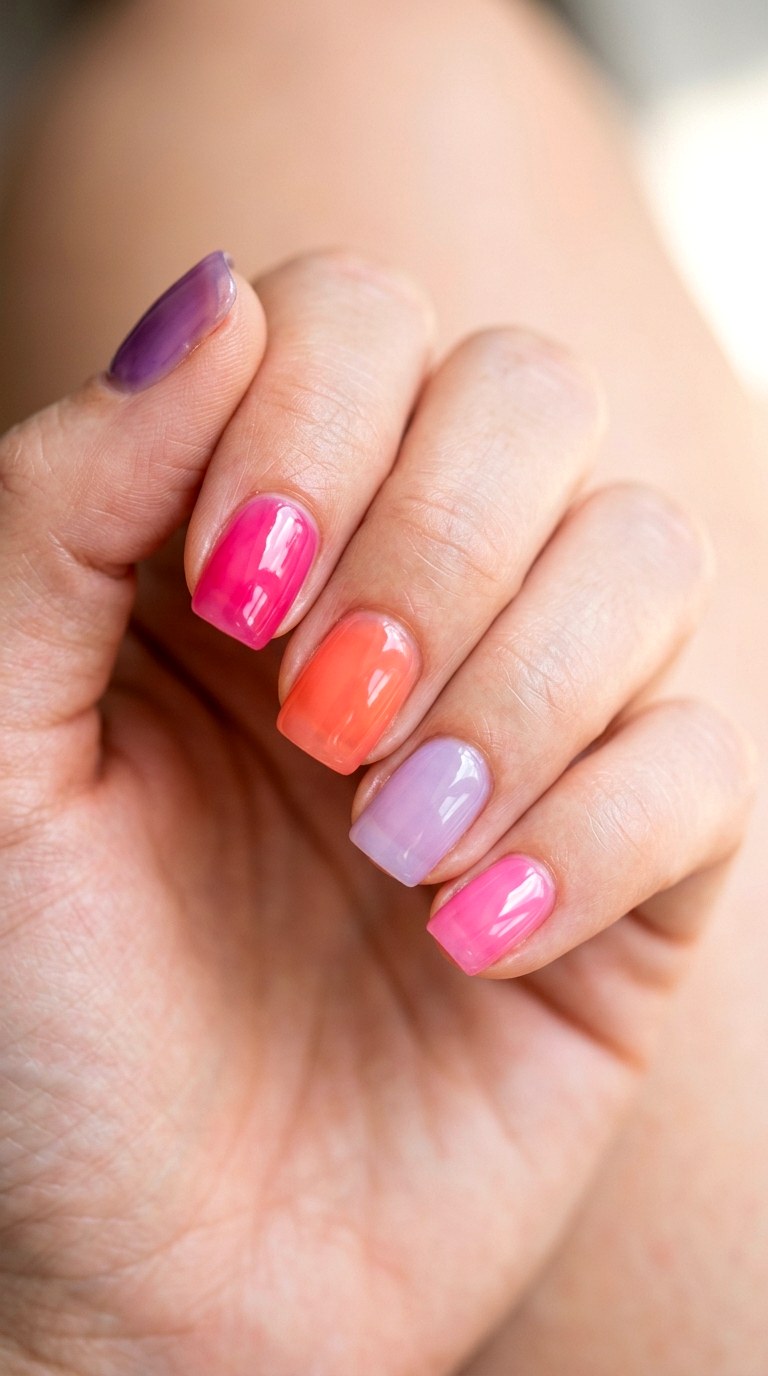 Glossy Jelly Skittle Manicure - 30 Cheerful Spring Multicolor Nails
