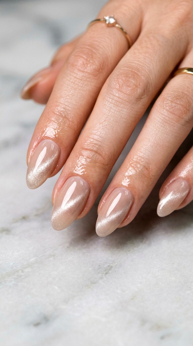 Glossy Nude Cat Eye Finish - 20 Spring Nude Base Cat Eye Nails Ideas
