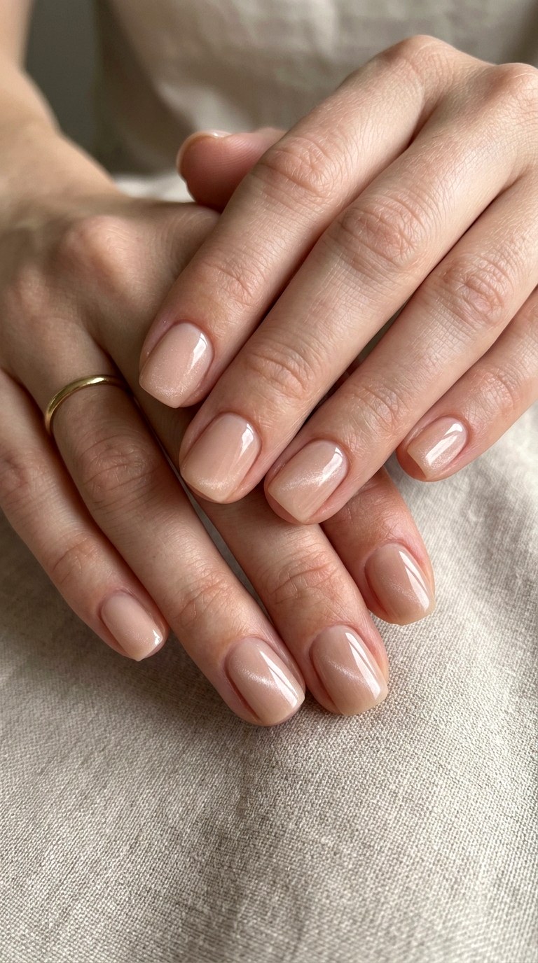 Glossy Nude with Minimal Cat Eye Sparkle - 24 Summer Nude Base Cat Eye Nails Ideas
