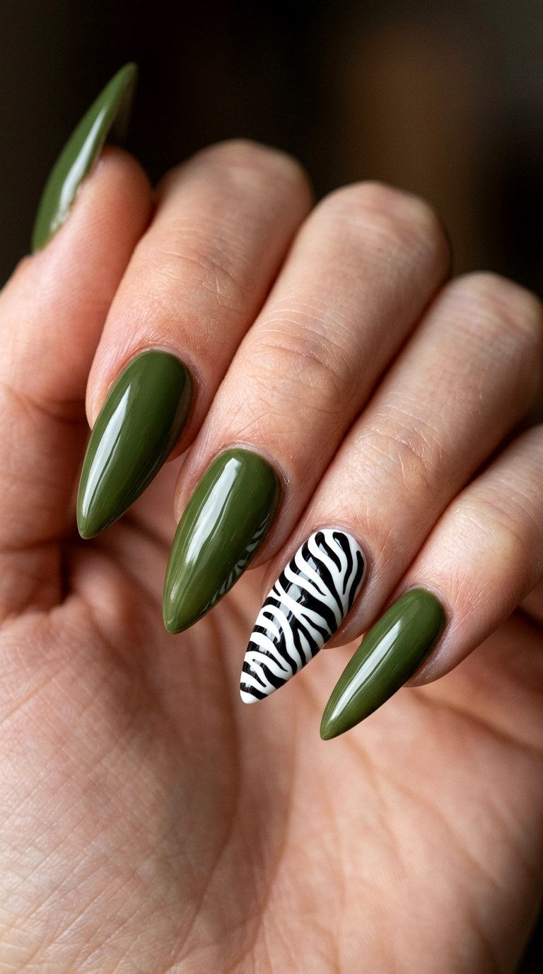 Glossy Olive and Graphic Zebra - 28 Sharp Spring Stiletto Nails