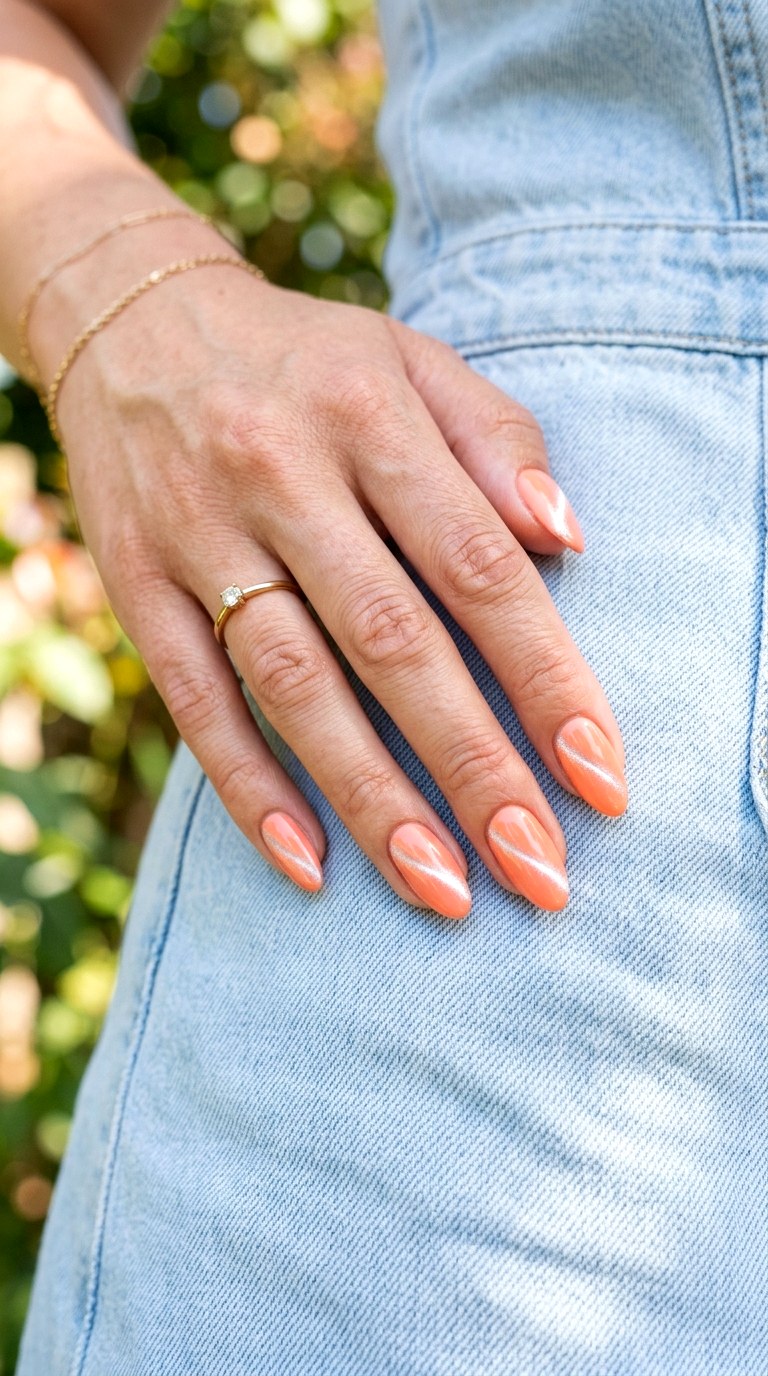 Glossy Peach Cat Eye with Silver Magnetic Line - 22 Summer Peach Cat Eye Nails Ideas