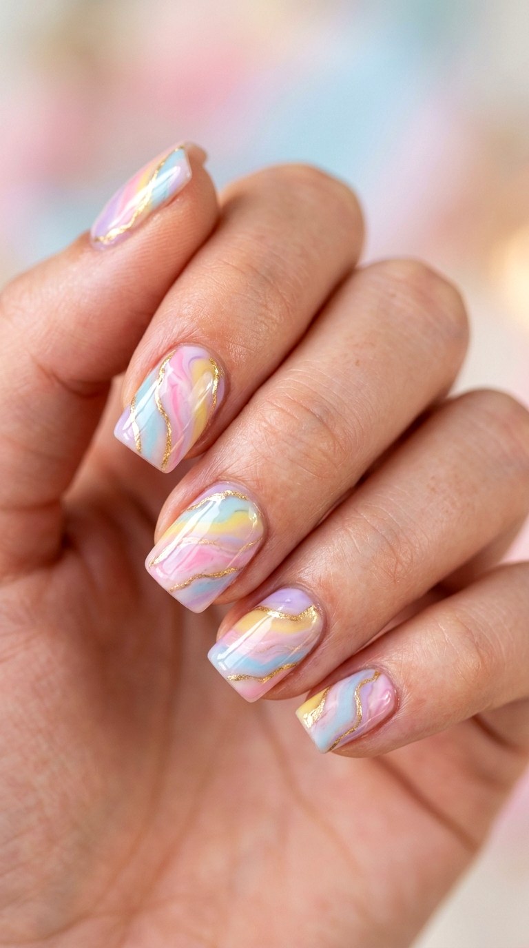 Gold Accented Pastel Marble Swirls - 29 Artsy Spring Colorful Junk Nails