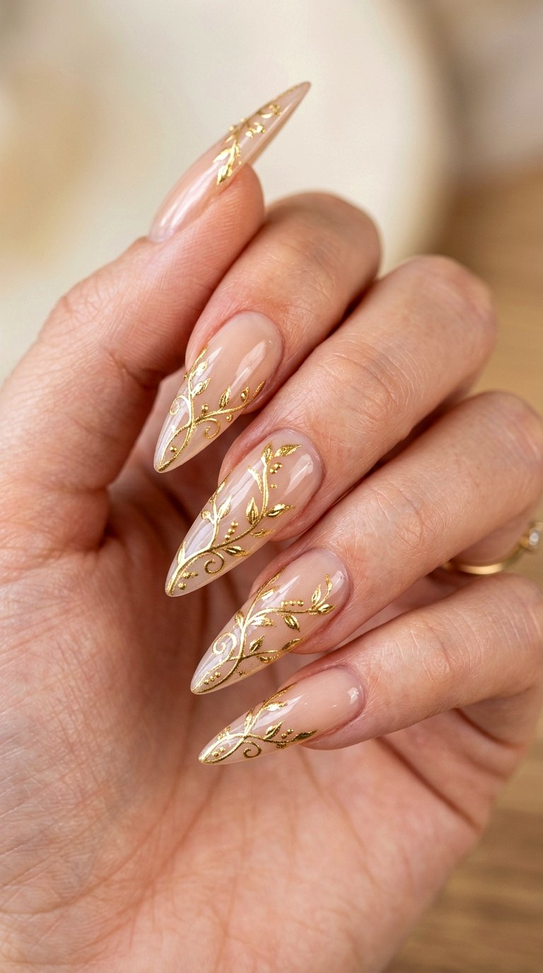 Gold Botanical Lines - 25 Sleek Spring Stiletto Nails