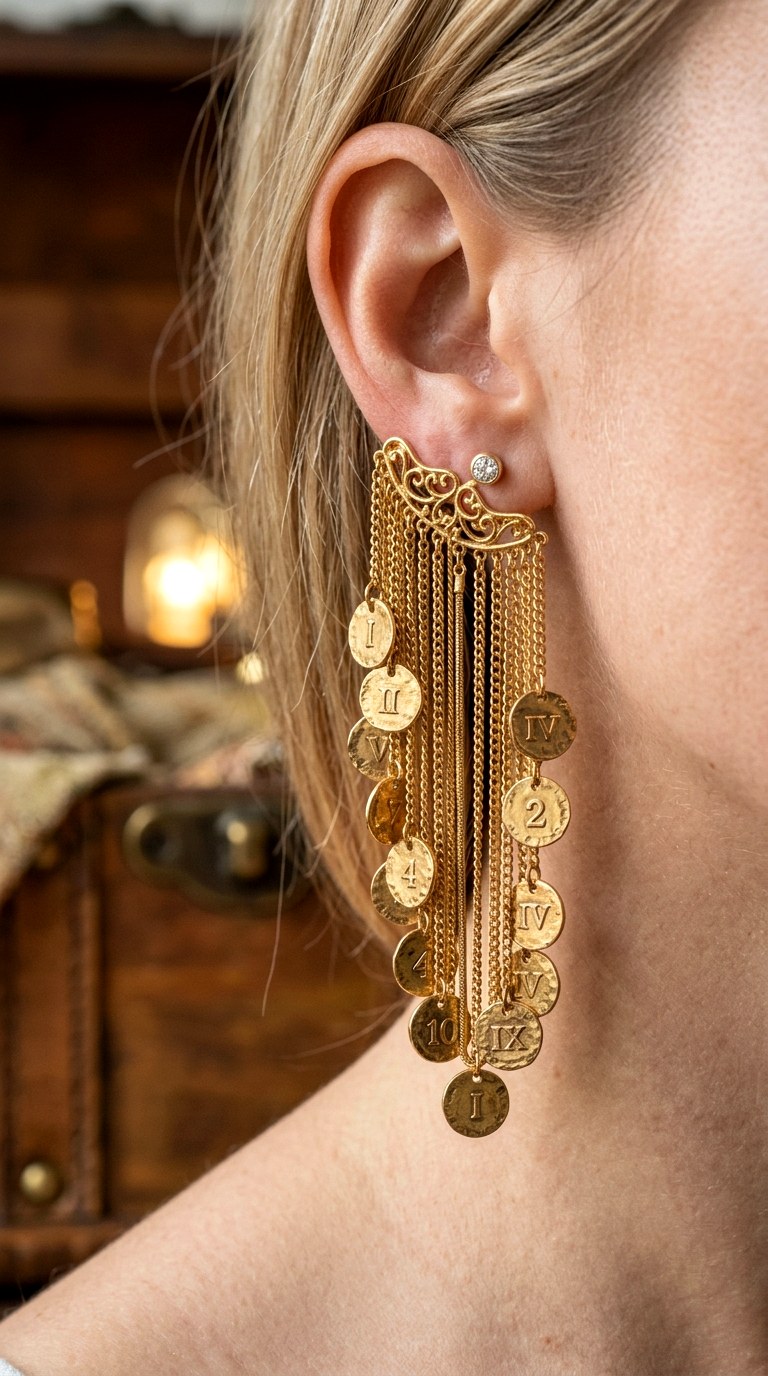 Gold Coins and Chain Link Gold Earnings - 27 earring stacks gold
