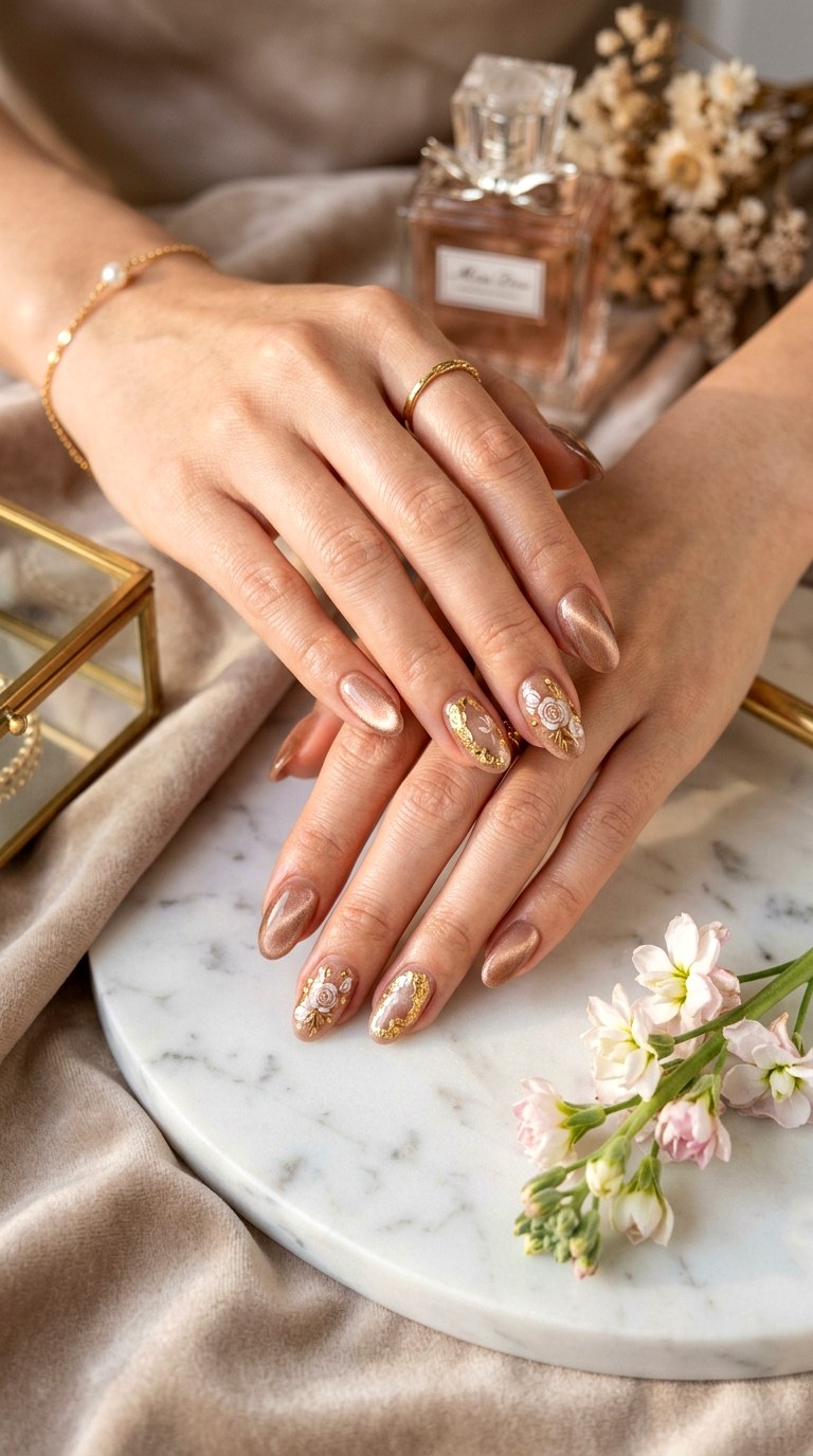Gold Foil Floral Cat Eye Nails - 20 Spring Floral Cat Eye Nails Ideas