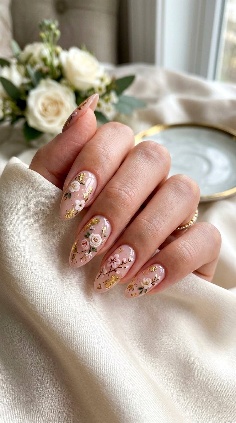 Gold Foil Floral Nails - 30 Floral Spring Nail Designs That Are Perfect for the Season