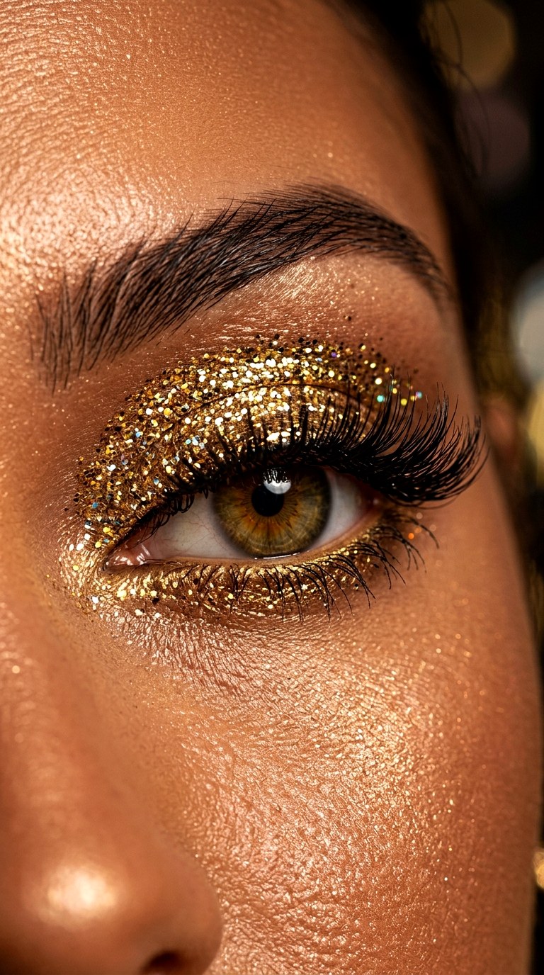 Gold Reflective Glitter Eyes - 24 Holographic Sparkle Eye Makeup for Night Parties