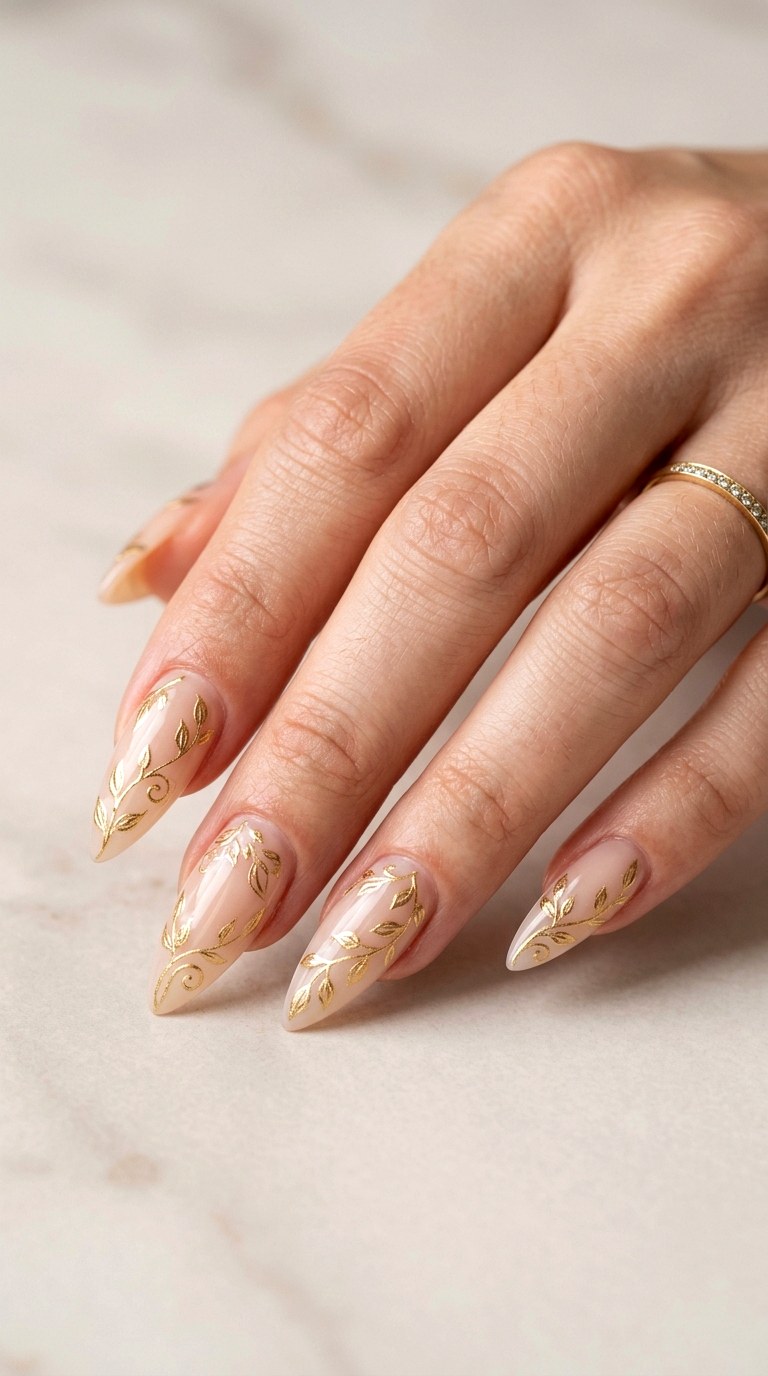 Golden Botanical Jewelry Nails - 27 Fierce Spring Stiletto Nails