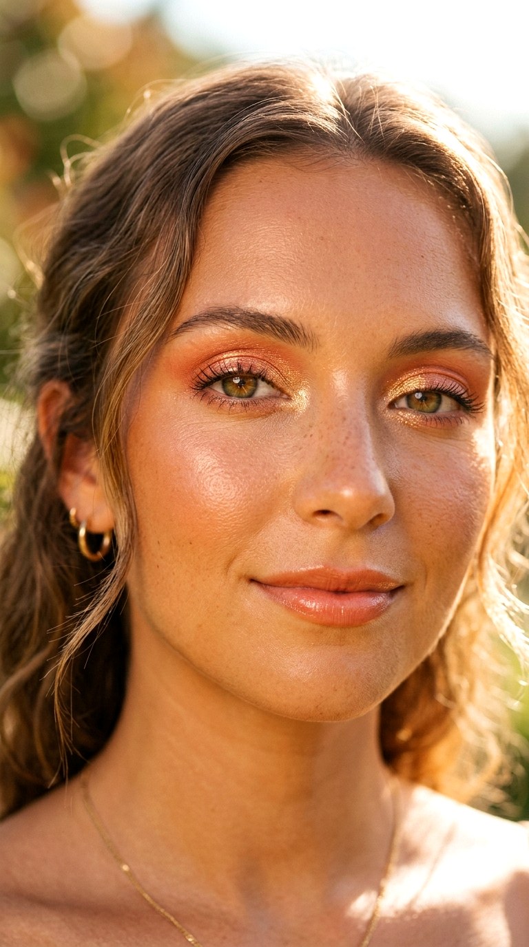Golden Coral Shimmer Lid - 21 Summer Colorful Eye Makeup 2026 Ideas