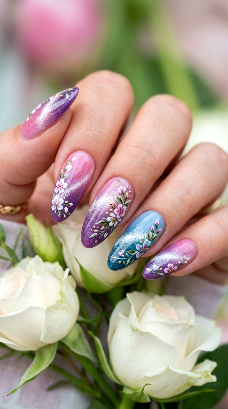 Gradient Cat Eye Nails with Floral Accents - 25 Summer Floral Cat Eye Nails Ideas