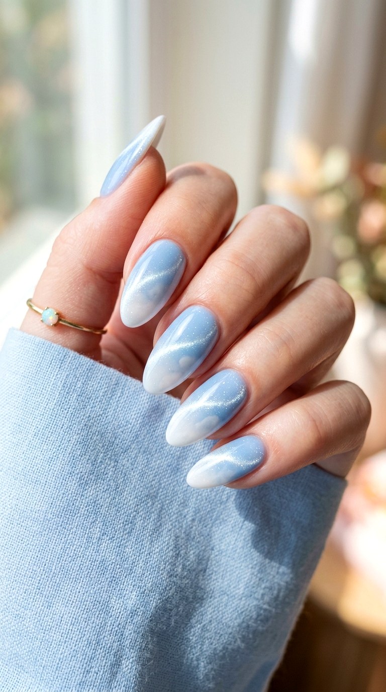 Gradient Cat Eye with Baby Blue and White - 20 Summer Baby Blue Cat Eye Nails Ideas