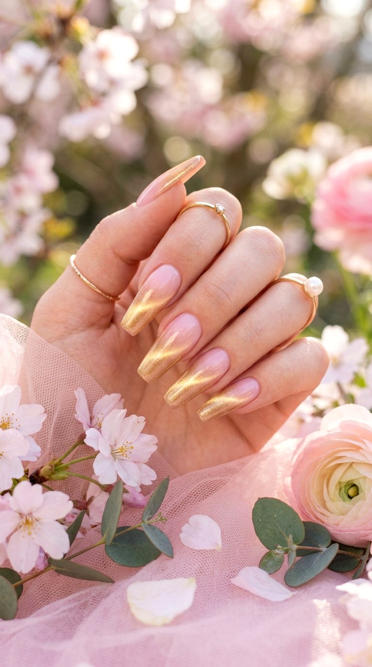Gradient Pink to Gold Cat Eye Nails - 20 Spring Soft Gold Cat Eye Nails Ideas