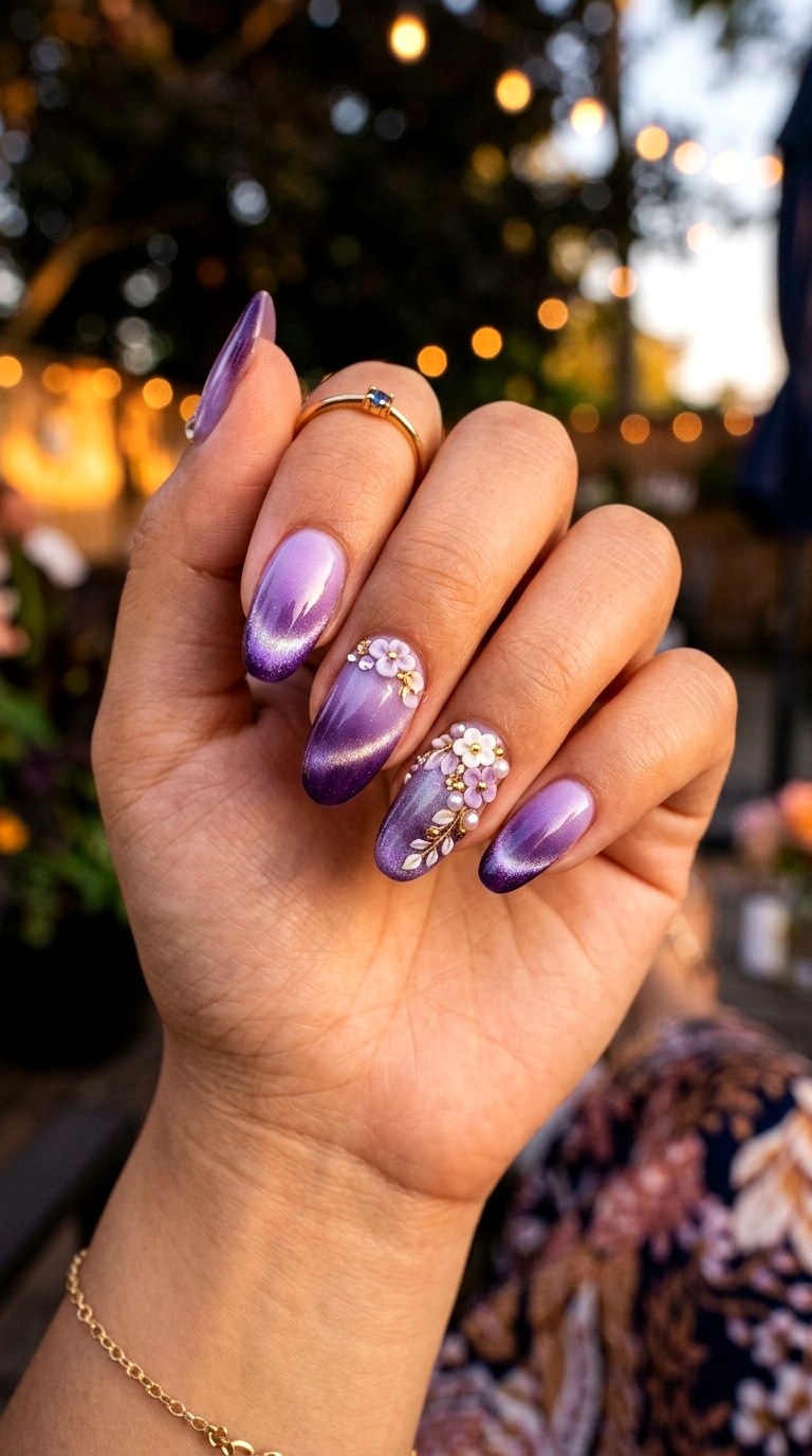 Gradient Purple Cat Eye with Floral Embellishments - 22 Summer Glossy Floral Cat Eye Nails Ideas