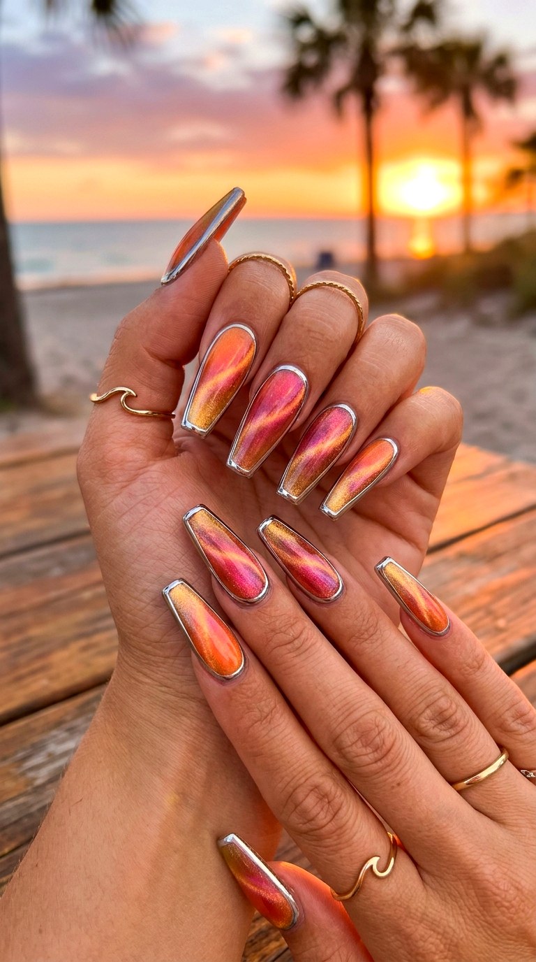 Gradient Sunset Cat Eye with Chrome Outline - 22 Summer Chrome Outline Cat Eye Nails Ideas