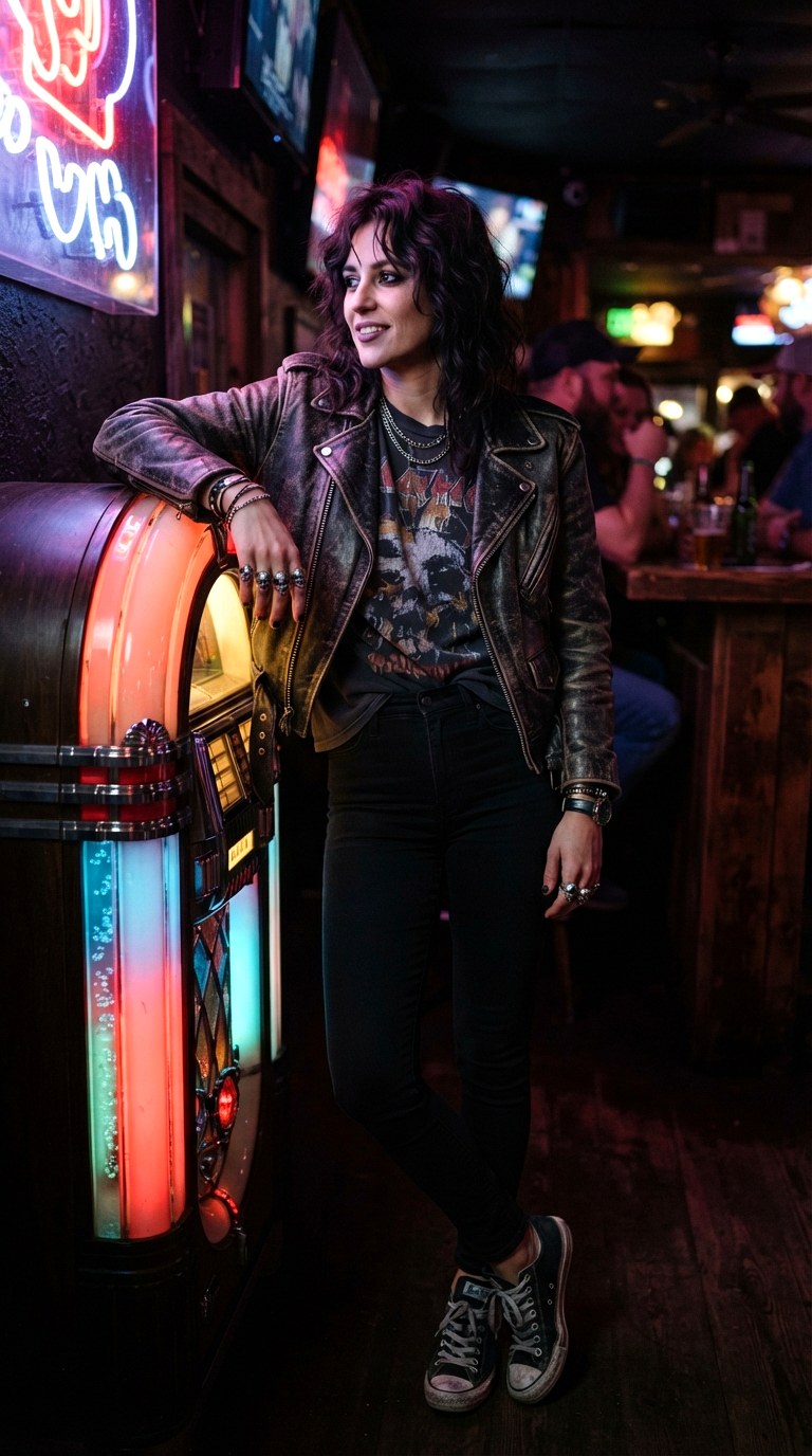 Graphic Band Tee Nostalgia - 29 leather jacket outfit