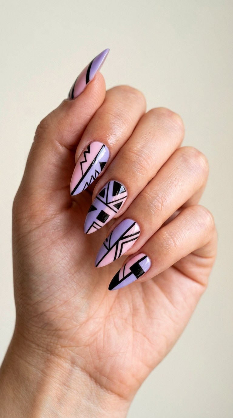 Graphic Black and Pastel Color Block - 27 Fierce Spring Stiletto Nails