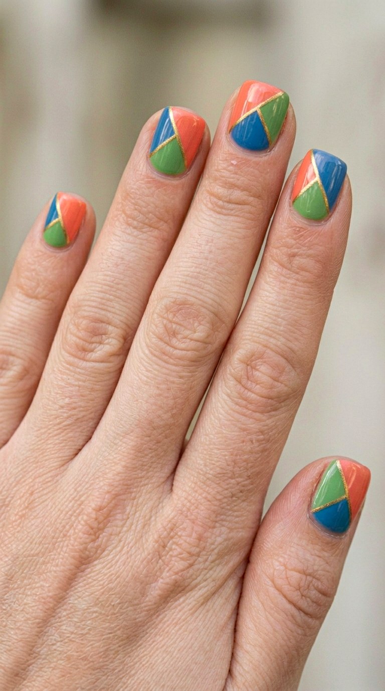 Graphic Color Blocking with Gold Veins - 23 Bright Spring Multicolor Nails