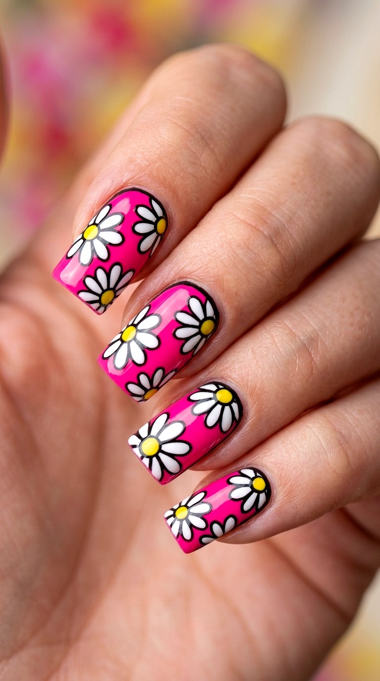 Graphic Daisy Pop Art - 26 Floral Spring Acrylic Nails