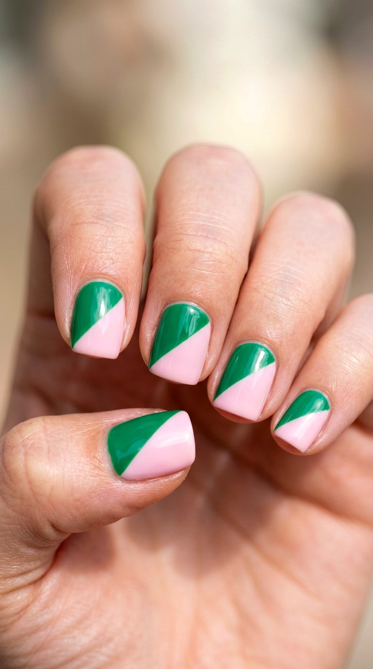 Graphic Emerald and Soft Pink Split - 27 Graphic Spring Two Colored Nails