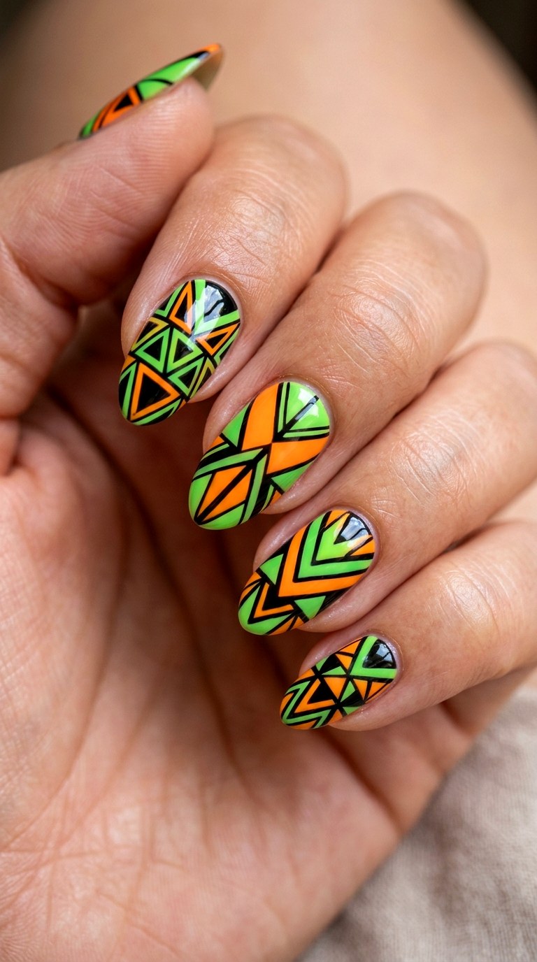 Graphic Green and Orange Contrast - 23 Trendy Spring Color Street Nails