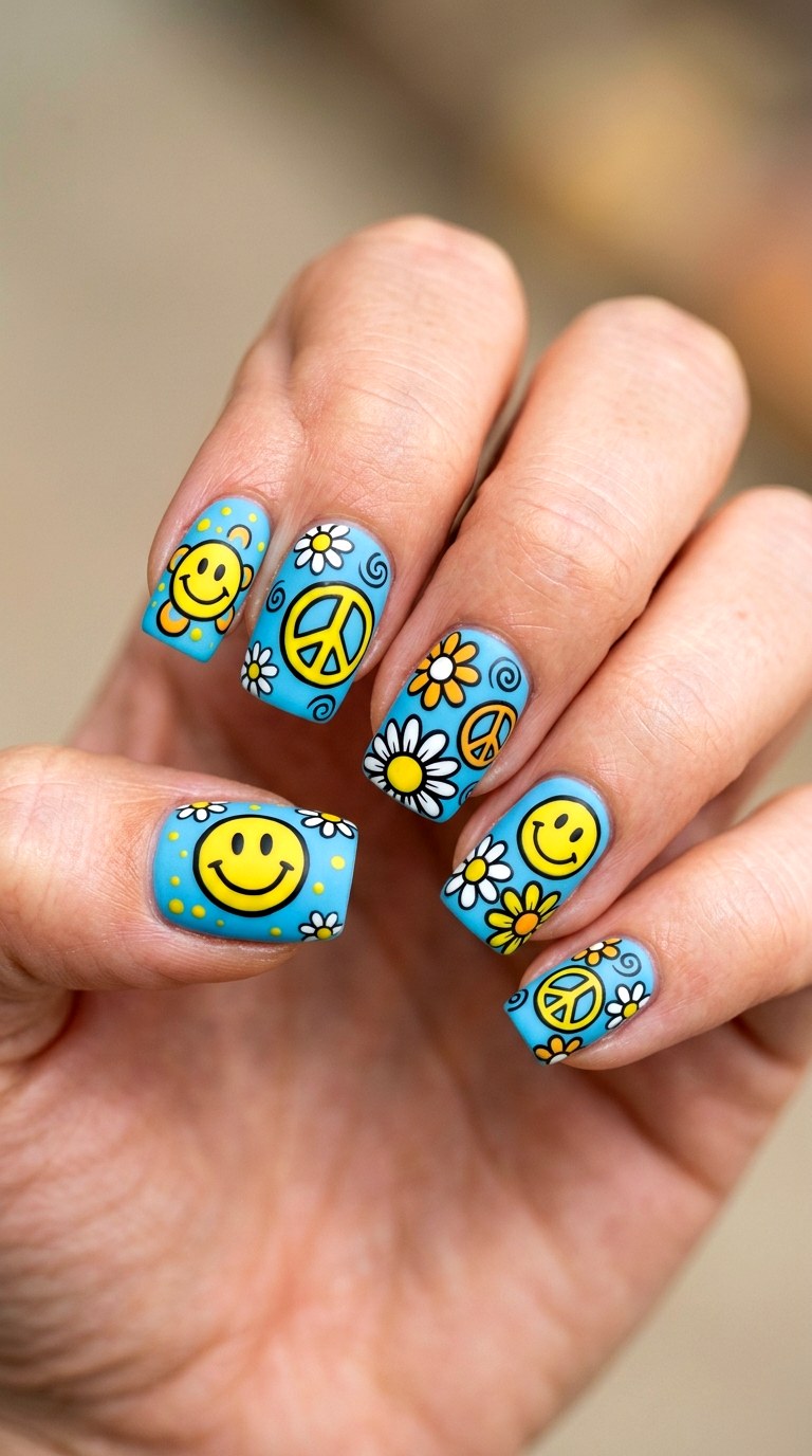 Graphic Groovy Flower Power Smileys - 20 Sunny Spring Multicolor Acrylic Nails