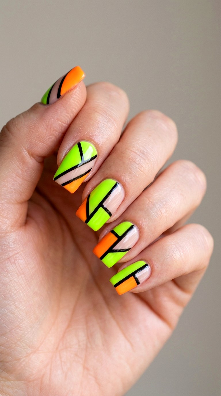 Graphic Neon Green and Orange Contrast - 29 Fun Spring Multicolor Nails