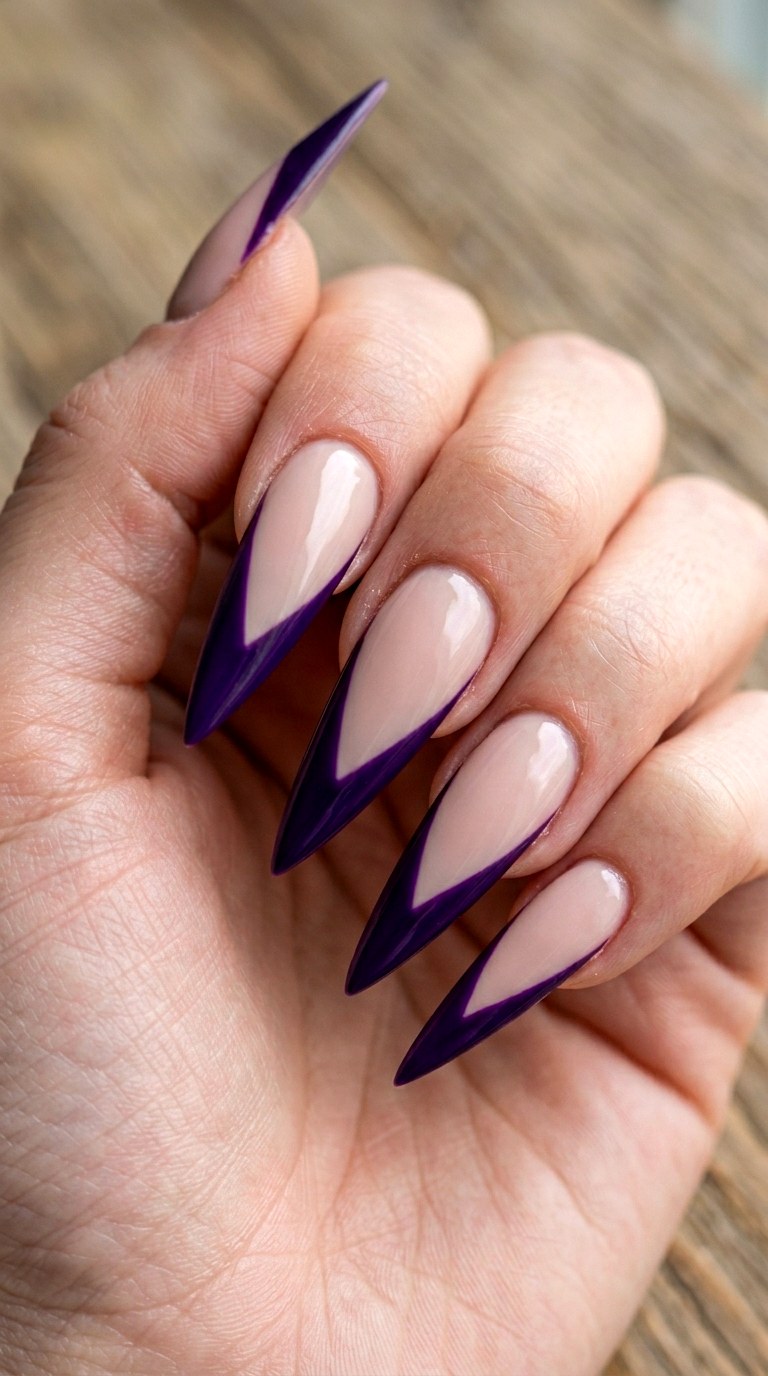 Graphic Purple French Swoop - 21 Edgy Spring Stiletto Nails