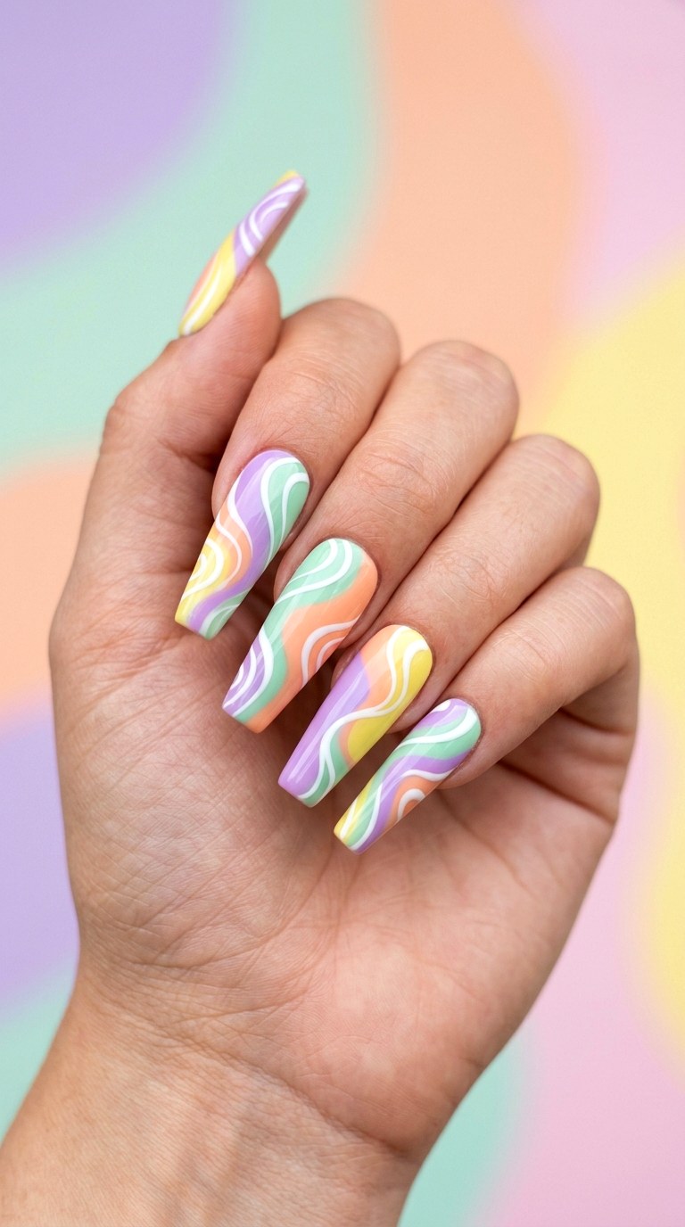 Graphic Retro Swirls - 30 Cheerful Spring Multicolor Nails