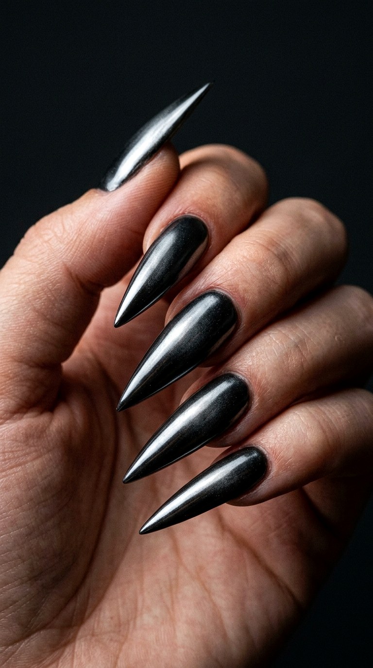Graphite Mist Dark Chrome - 21 Chrome Spring Stiletto Nails