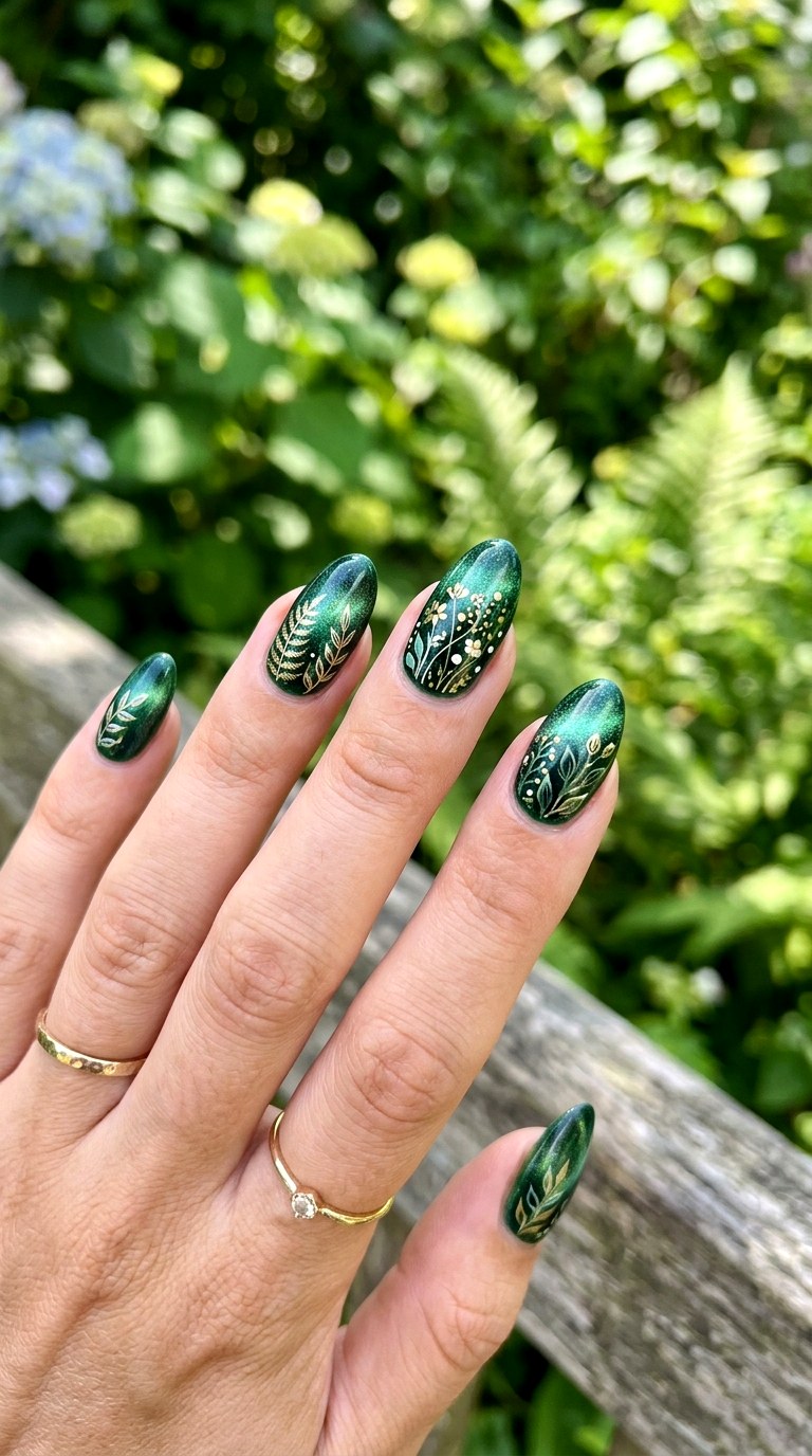 Green Cat Eye Nails with Botanical Florals - 22 Summer Glossy Floral Cat Eye Nails Ideas