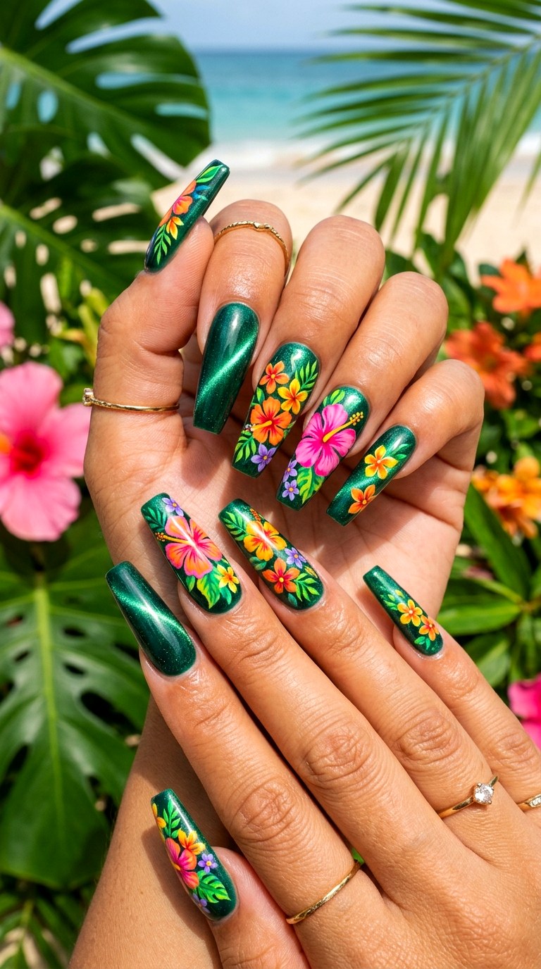 Green Magnetic Nails with Tropical Flowers - 25 Summer Floral Cat Eye Nails Ideas