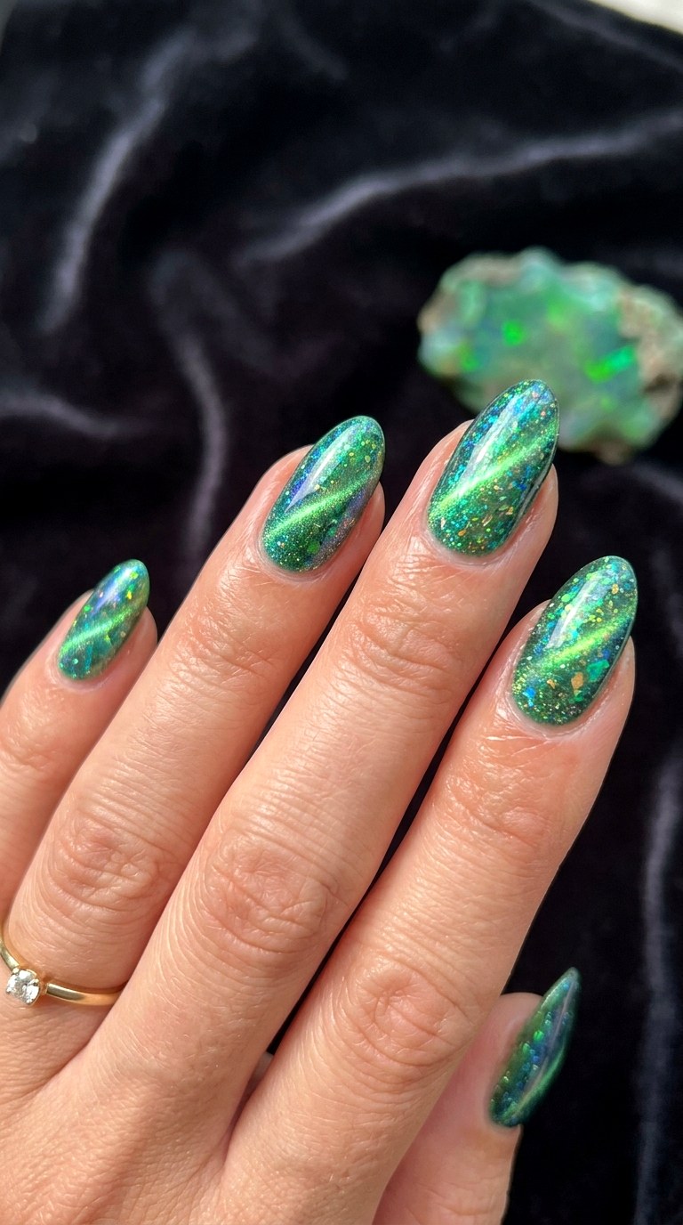 Green Opal Cat Eye Nails - 23 Summer Soft Green Shimmer Cat Eye Nails Ideas